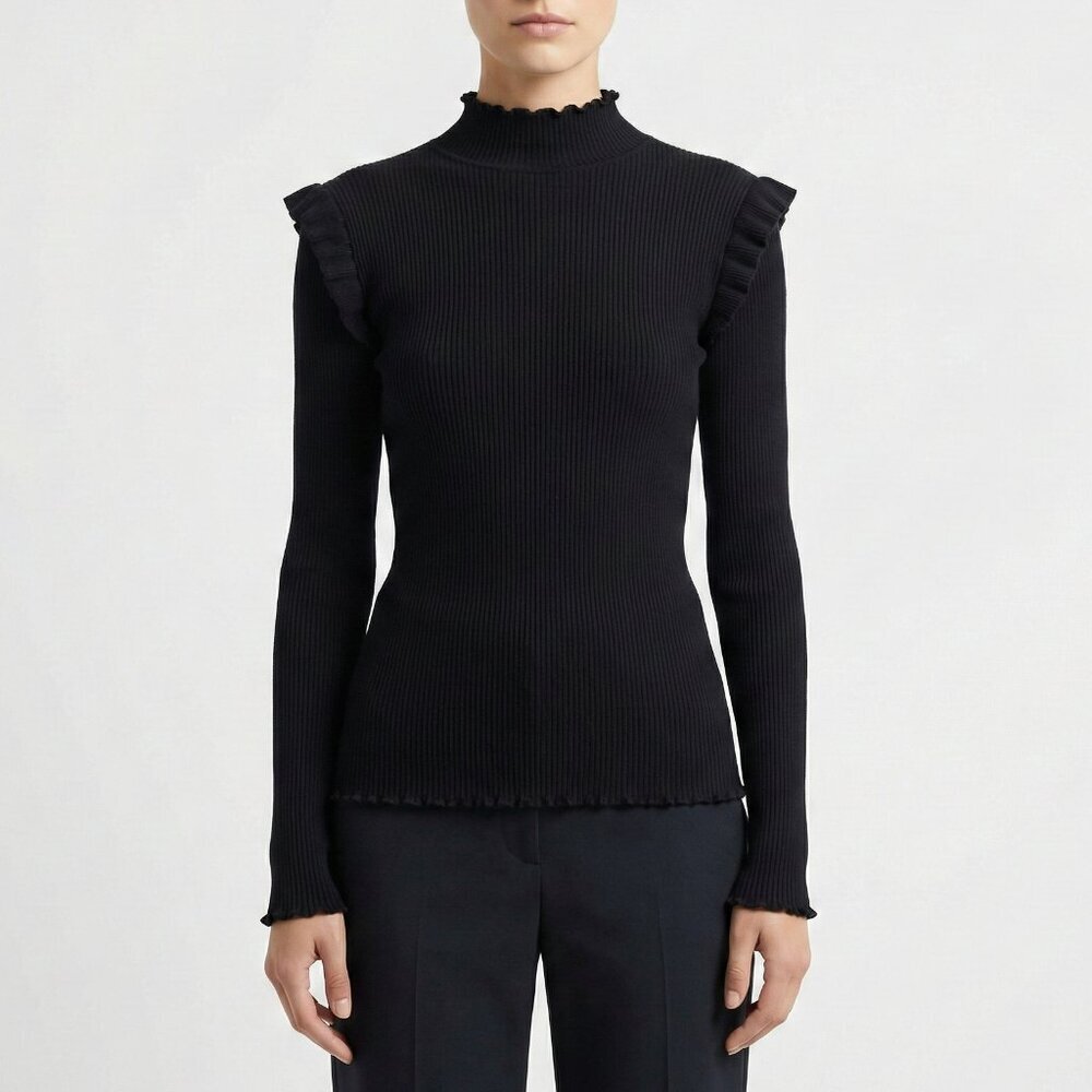 Current/Elliott The Ruffle Rib Top Black Ribbed Mock Neck Size 1